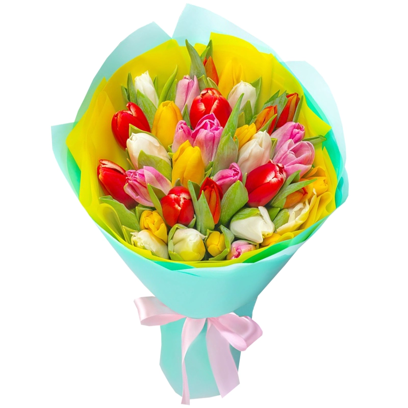 Букет из 35 разноцветных тюльпанов